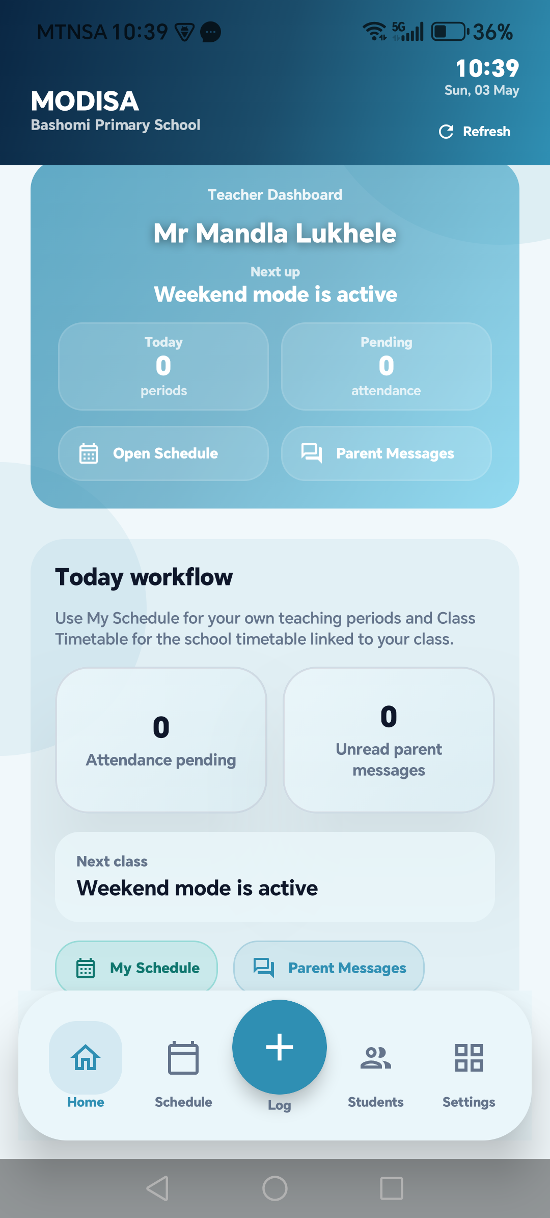 MODISA Teacher home screen