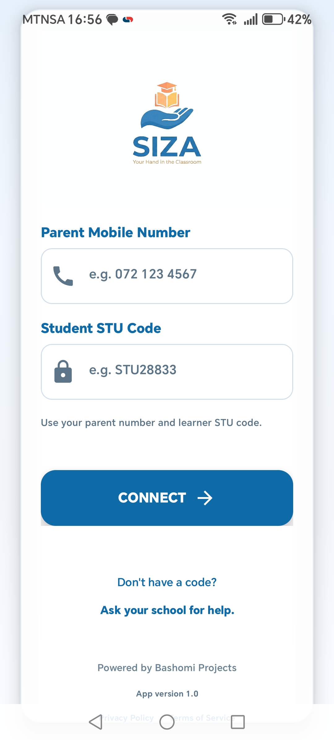 SIZA parent dashboard showing attendance and timetable